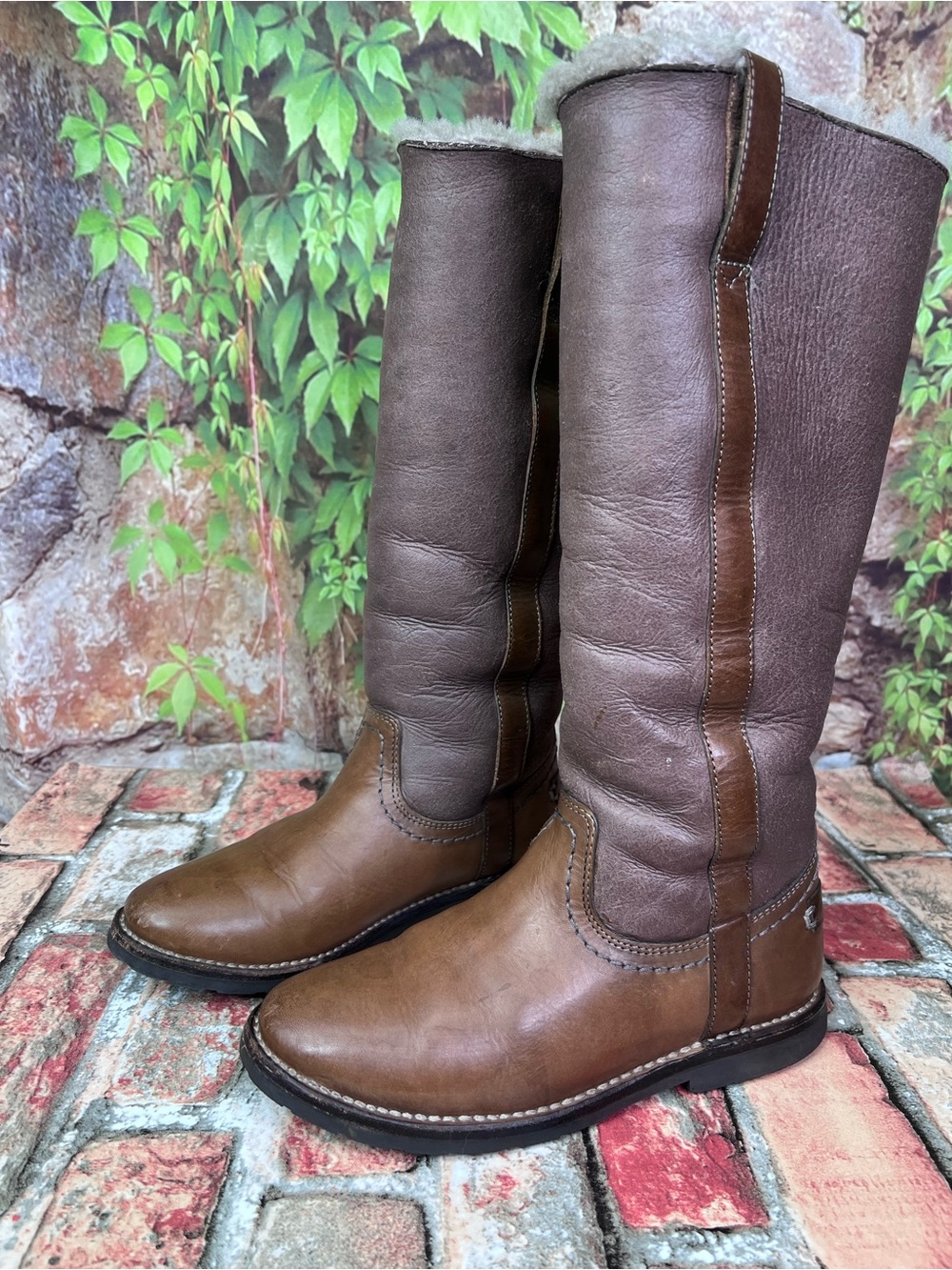 FRYE Tan and Brown Sherpa Lined Shearling Log Sole Tall Riding Boots, 5.5 - Picture 2 of 16